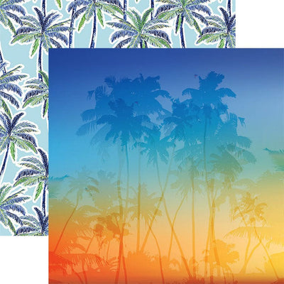 scrapbook paper featuring silhouetted palm trees against a blue, yellow and orange background shown overlapping a pattern of blue and green palm trees on white background.