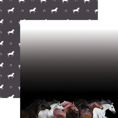 scrapbook paper featuring 6 photographic galloping horses along the bottom edge of the paper on a  black gradient background shown overlapping a pattern of illustrated white horses on gray background.
