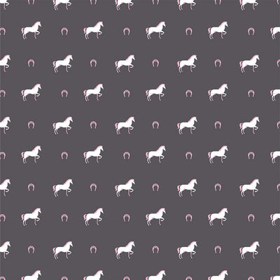 scrapbook paper featuring a pattern of white and pink illustrated horses and horseshoes on a dark bray background.