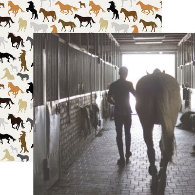 scrapbook paper featuring a black and white photographic image of a person leading a horse out of the stable shown overlapping an illustrated pattern of horses.