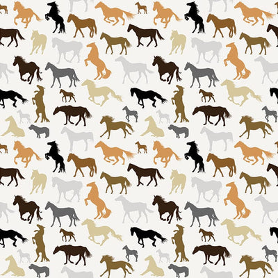 scrapbook paper featuring a pattern of brown, gray and peach colored illustrated silhouetted horses in various positions against a white background.