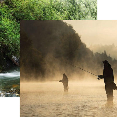scrapbook paper featuring a misty photographic image of two anglers fishing in a stream overlapping a scrapbook paper of  green trees along a stream.