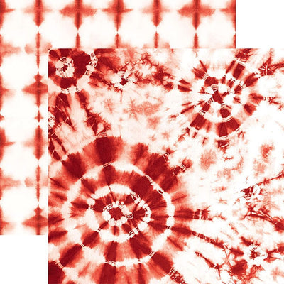 scrapbook paper featuring large circular red tie-dye pattern on a white background shown overlapping a smaller red tie-dye pattern.
