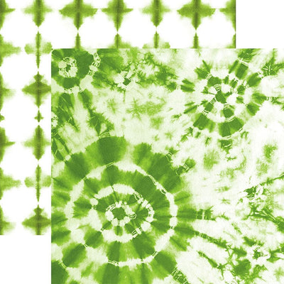scrapbook paper featuring large circular green tie-dye pattern on a white background shown overlapping another green tie-dye pattern.