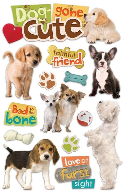 3D scrapbook stickers featuring photo real puppies with  dog bones and balls shown on a white background.