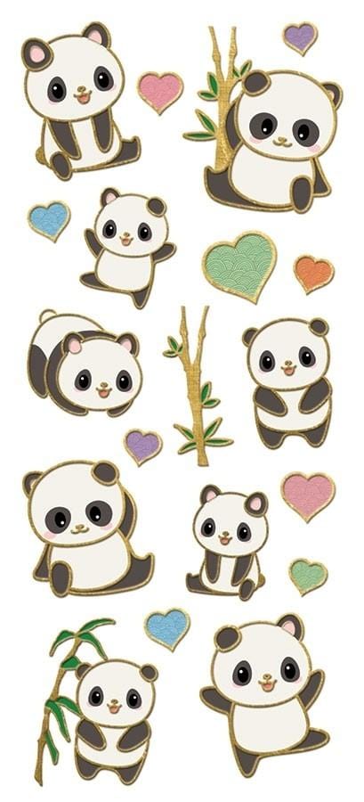 foil stickers featuring illustrated panda bears, bamboo, and hearts with gold details, shown on white background.