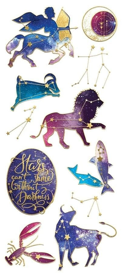 foil stickers featuring celestial illustrations in purples and blues with faux enamel gold accents, shown on white background.