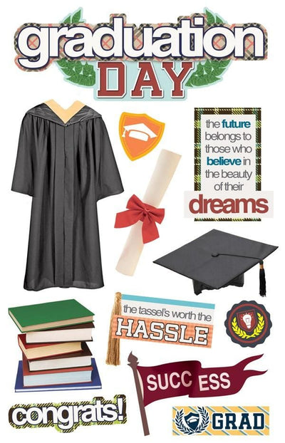 3D scrapbook stickers featuring a graduation robe, diploma and stack of books.