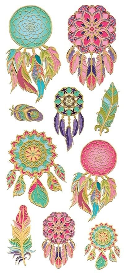 foil stickers featuring colorful dreamcatchers with gold details.