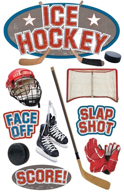 3D scrapbook sticker featuring ice hockey sticks, pucks, skates and a helmet.