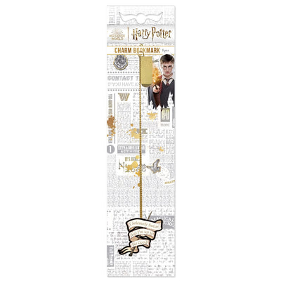 Harry Potter bookmark featuring "I solemnly swear..." metal charm on a gold chain with a gold clip shown in packaging on a white background.