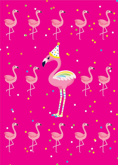 note card featuring bright neon pink background with illustrated flamingos.