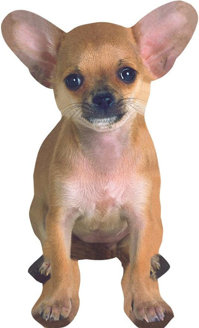 die cut note card featuring a photo real tan chihuahua, shown on white background.