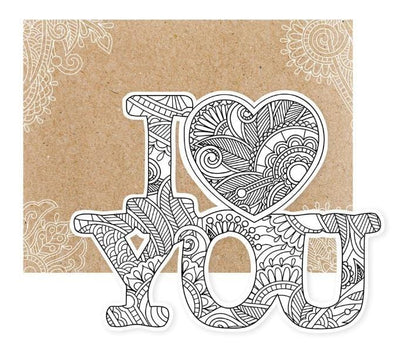 note card featuring I love you die cut coloring card with kraft colored envelope, shown on white background.