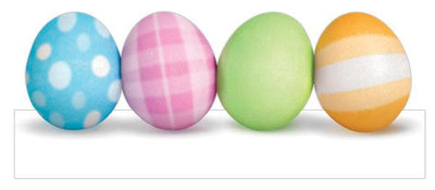 note card featuring die cut, pastel colored Easter eggs, shown on white background.