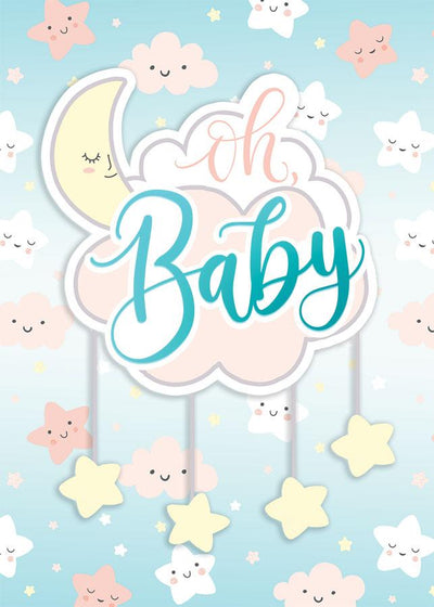 Baby note card featuring a pastel illustrated cloud with stars.