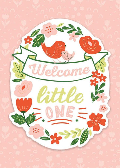 welcome baby note card featuring illustrated flowers and birds  on a white oval shown over a peach patterned background.