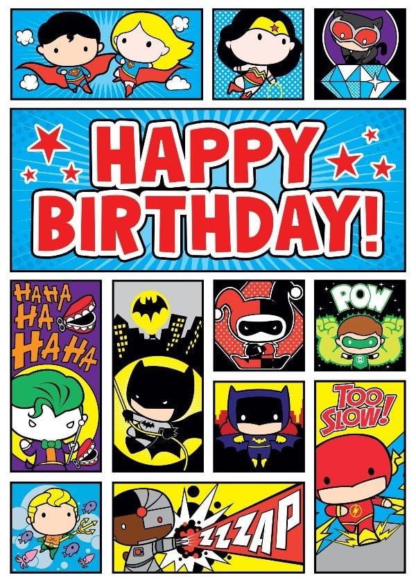 birthday note card featuring colorful DC Comics™ Chibi Super Heros with foil accents.