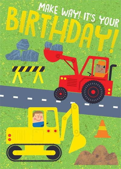 birthday note card featuring illustrated construction equipment with foil details.