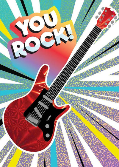 birthday note card featuring an illustrated red electric guitar on a colorful holographic foil background.
