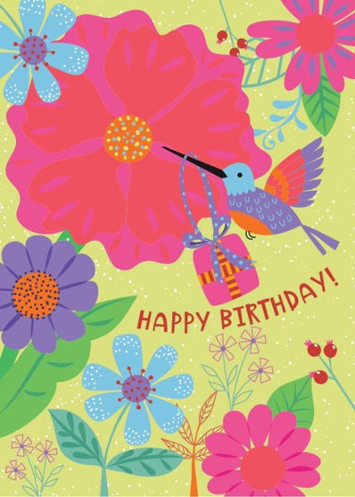 birthday note card featuring colorful illustrated florals and a hummingbird.