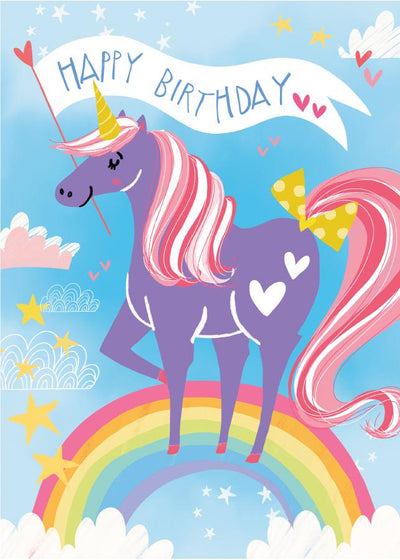 birthday note card featuring a colorful illustration of a unicorn and rainbow.