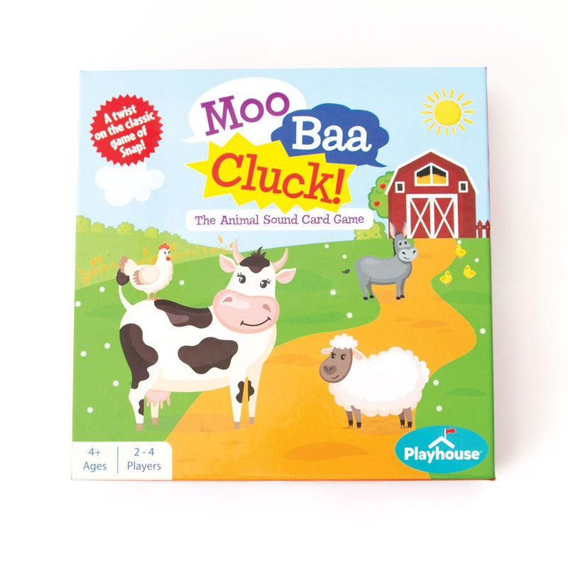 kids card game featuring Moo Baa Cluck, farm animals in box, shown on white background.