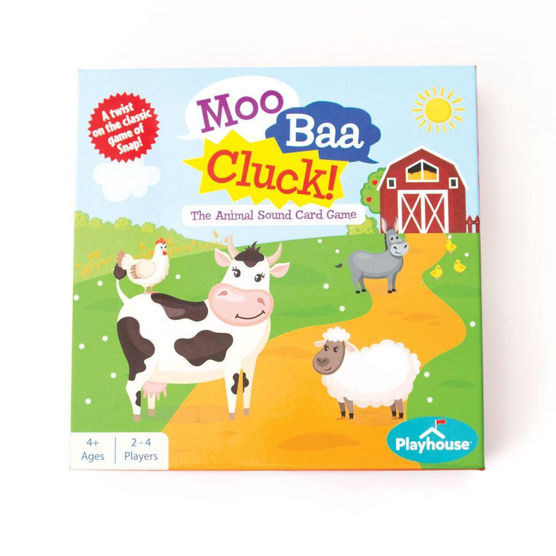 Moo Baa Cluck kids card game image shows  game box with adorable farm animal illustrations