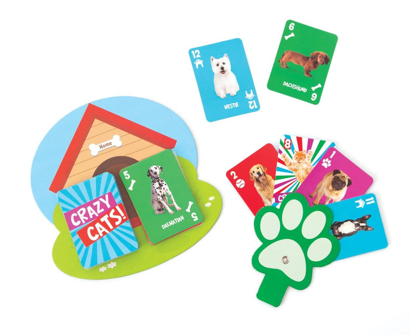 kids card game featuring Crazy Cats! with photo real dog and cat cards, shown on white background.