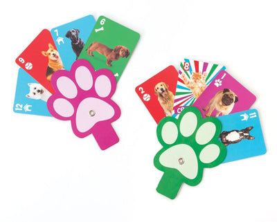 Crazy Cats crazy eights kids card game image shows examples of pet themed game cards in paw shaped card holder