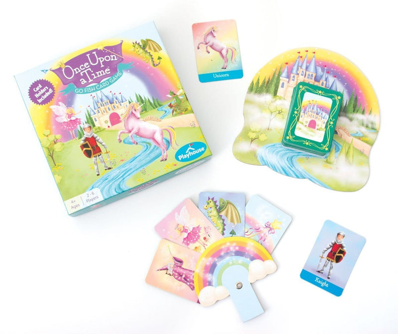 Once Upon a Time go fish kids card game image of box and game pieces with illustrations of  unicorns, dragons, and fairies in a rainbow card holder.