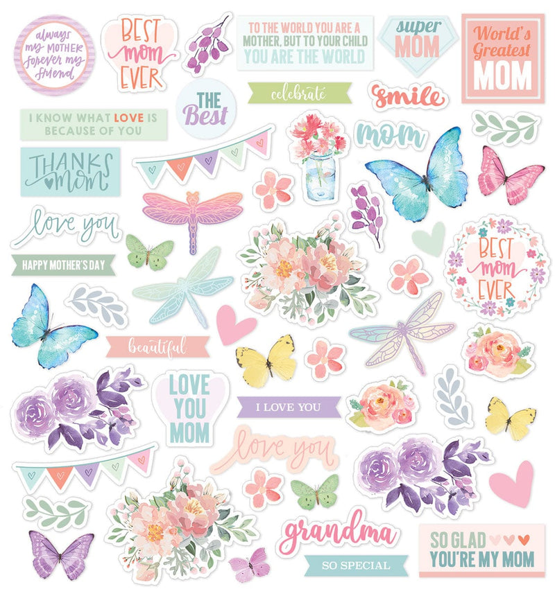scrapbook die cuts featuring pastel butterflies. florals, banners and hearts shown on white background.