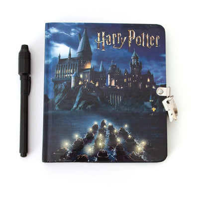 Harry Potter Invisible Ink locking diary image featuring the Hogwarts castle at night and a black pen.