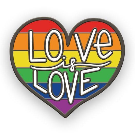 heart shaped enamel pin with "Love is Love" in silver outlined white letters. Background is the 6 striped colors of the rainbow with a silver outline.