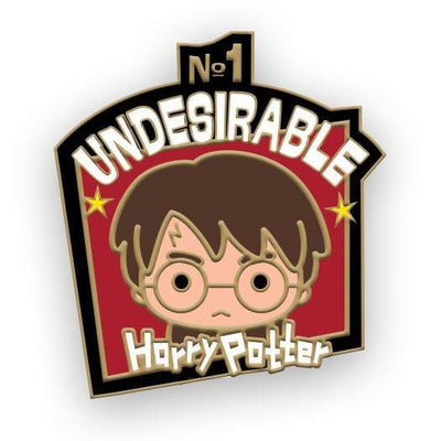 shaped enamel pin with "No 1 Undesirable Harry Potter" white letters. Chibi Harry Potter illustration in center, black border with red background. Gold outlines.
