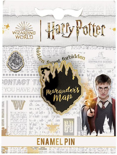 Harry Potter enamel pin shown in packaging, featuring Marauders Map with black and gold details.