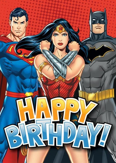 gift enclosure card featuring Wonder Woman, Superman and Batman.