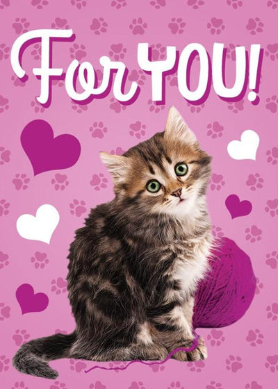 gift enclosure card featuring a photo real kitten on a pink background with paw prints and hearts.