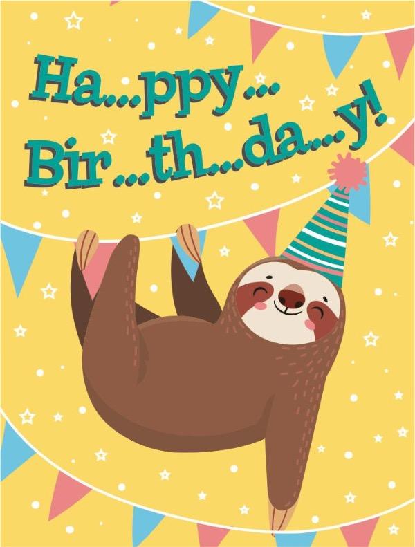 gift enclosure card featuring an illustration of a sloth hanging from a banner on yellow background.