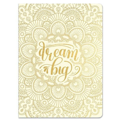 "dream big" journal notebook featuring gold mandala design and script writing, shown on white background.