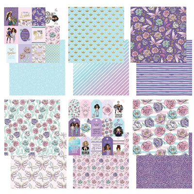 Six double-sided papers feature ethnically diverse women, florals, patterns, blues, lavenders, pinks and gold foil. 