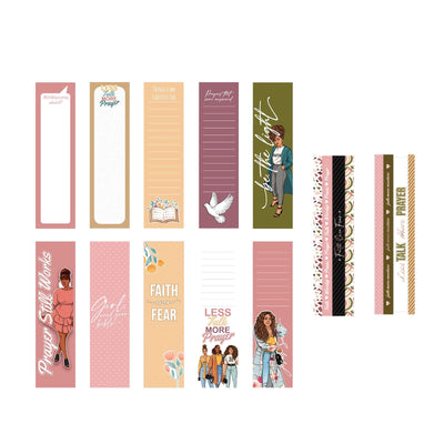 Twelve patterned and lined stickers from the bible journaling craft kit feature soft, muted colors, illustrations and gold details.