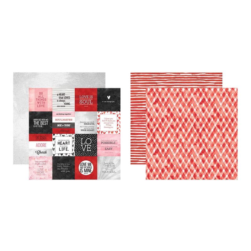 this craft kit image features a red and black tag patterned square overlapping a gray square and a red and white plaid patterned square overlapping a red and white striped square, shown on a white background.