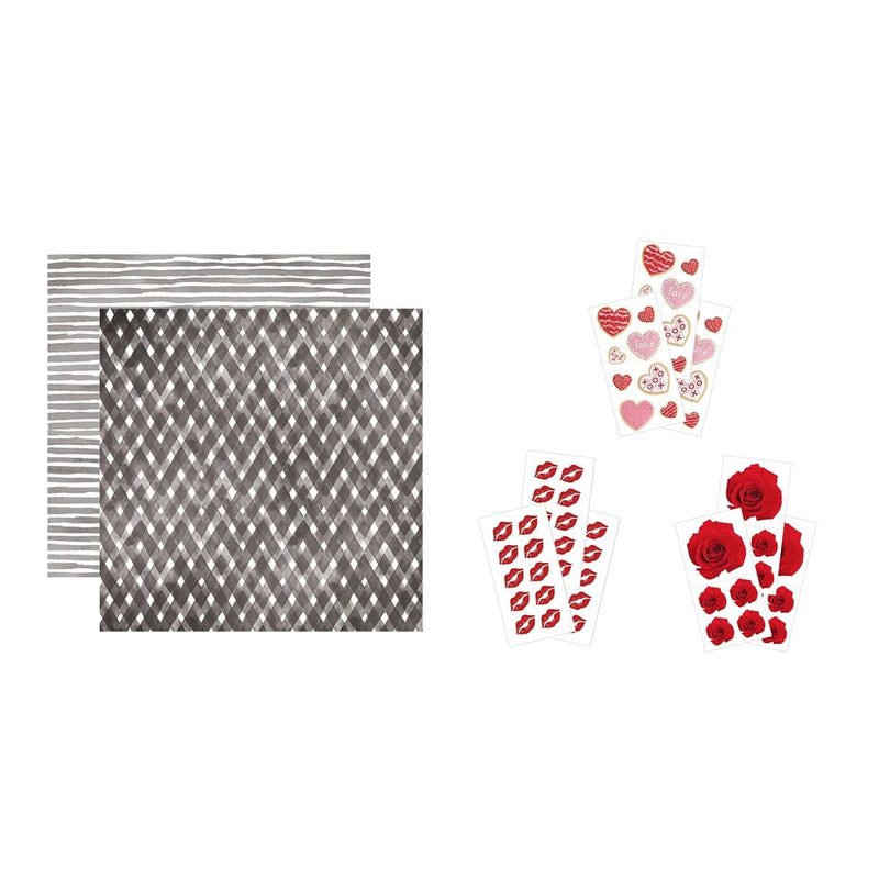 this craft kit image features a black plaid patterned square overlapping a black and white stripe pattern square and 3 sticker sheets of red lips, roses and hearts.