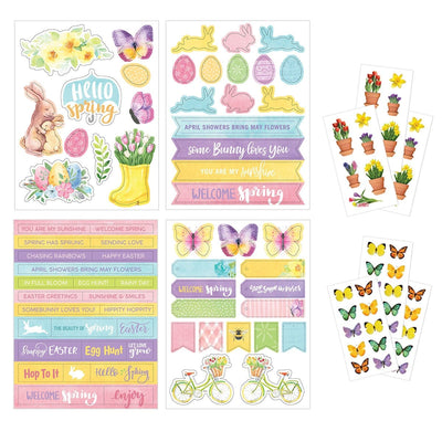 This craft kit image features sheets of spring themed, pastel colored stickers shown on a white background.