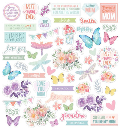 craft kit die cuts featuring pastel illustrated florals, butterflies and words of love, shown on a white background.