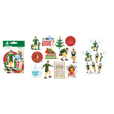 Craft kit featuring die cuts in a package with details of each die cut and 3 sticker sheets, all of scenes and characters from the movie Elf, shown on white background.