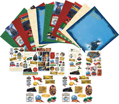 Craft kit featuring 12 scrapbook papers, stickers and die cuts with characters and scenes from the Polar Express movie, shown on white background.