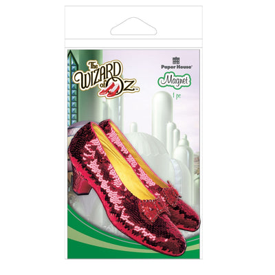 fridge magnet featuring the Wizard of Oz ruby slippers shown in package featuring the emerald city.