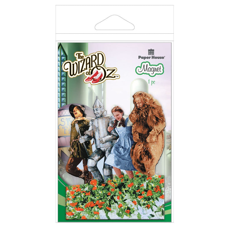 fridge magnet featuring the 4 characters from the Wizard of Oz, frolicking through the poppy field shown in package featuring the emerald city.